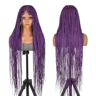 SUPERNOVA #Purple Color Full Lace Knotless Square Box Braided Wig 36inch Full Handmade Knotless Braided Wigs For Black Women Lightweight Synthetic Braids Hair Wig Tangle-Free Beginner Friendly