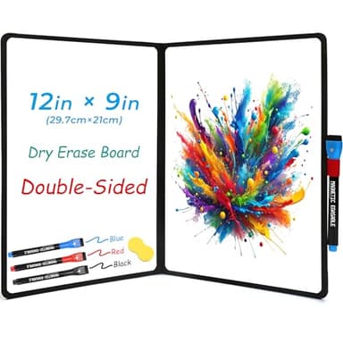 iNenya Double-Sided White Board 12x9 inch - Ultra-Thin 0.3" Portable Dry Erase Board with 3 Markers & Anti-Ghosting Surface | Magnetic-Ready | Foldable for Office, School, Travel, Homeschool (Black)