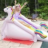 Giant Inflatable Unicorn Pool Slide w/Built-in Side Water Sprinklers for Kids- Extra Large Size (98"x 51"x 51")- Soft Landing Pad, Durable, Easy to Inflate - Perfect for Parties Outdoor Fun, Gift