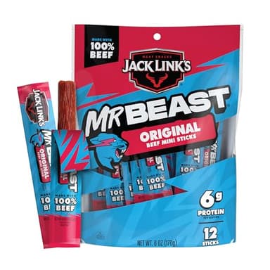 Jack Link’s x MrBeast Beef Sticks, Original Mini Beef Sticks, As Seen on Beast Games, 5g Protein, Made with 100% Real Beef, Pantry-Ready Snacks, 12 Count
