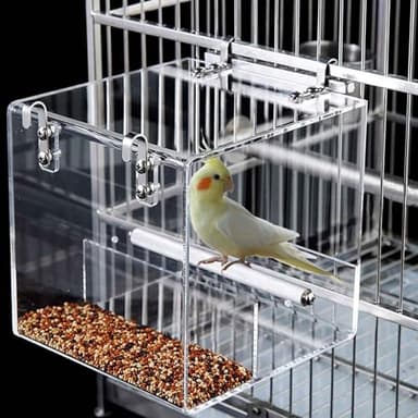 No Mess Bird Feeder for Cage, Automatic Acrylic No Mess Bird Feeder Cage for Parrots Canary Parakeet Budgerigar Crested Myna Cockatiel Lovebird (Large)