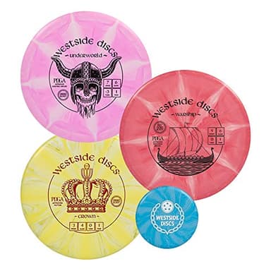 Westside Discs Origio Burst 3-Disc Golf Starter Set - Ideal All-in-One Disc Golf Set for Men - 1x Fairway Driver, 1x Midrange & 1x Putter Discs - Mini Marker Included - Colors Will Vary