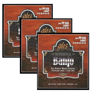GHS Strings - 6-String Banjo Strings - Stainless Steel - Loop End - Light Gauge - 011-042 - Model: PF120 SET - Pack of 3 SETS