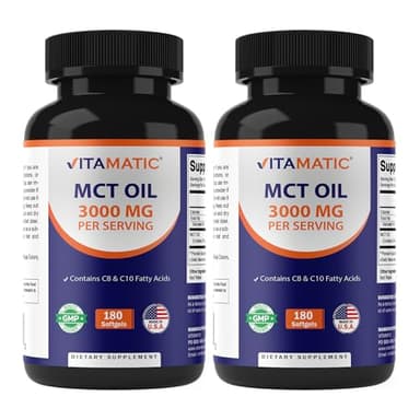 Vitamatic 2 Packs MCT Oil Capsules 3000 mg per Serving - 180 Softgels - from Coconut Oil - Contains 55% caprylic Acid C8 and 40% capric Acid C10 (Total 360 Softgel)