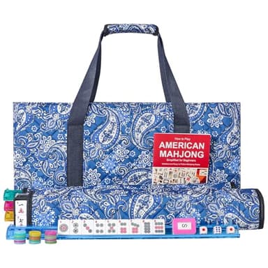GUSTARIA American Mahjong Game Set, 166 Quality White Tiles, 4 All-in-One Color Rack/Pushers, Mahjong Tile Set with Blue Printed Carrying Bag