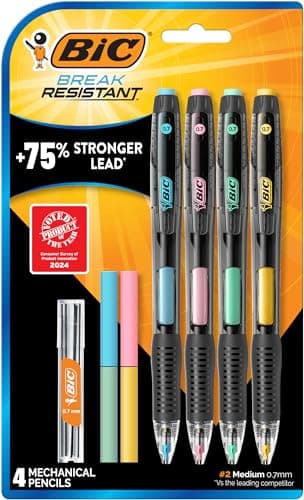BIC Break Resistant Mechanical Pencils with Erasers, No. 2 Medium Point (0.7mm), 4-Count Pack Pencils for School or Office Supplies, Lead and Eraser Refills