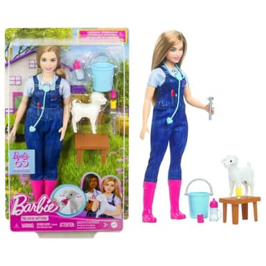 Barbie 65th Anniversary Doll & 10 Accessories, Farm Veterinarian Set with Blonde Vet Doll, Lamb with Moving Ears & More