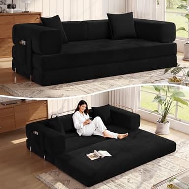 MoonSpeak 78.8''Sleeper Couch Bed for Livingroom，Convertible Modular Sofa with Armrest Pillow，Modular Fldable Corduroy Couches in a Box,No Assembly (Black)