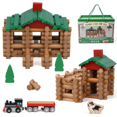 Wondertoys 208 Pcs Wooden Log Set - Classic Building Logs Ages 3+ - Best Retro Building Gift Set for Boys - Creative Construction Engineering Educational Gifts