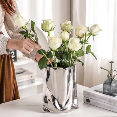 Liquid Chrome Ceramic Vase - 5.32’’L & 7.10’’H Textured Silver Flower Vase, Modern Wide Mouth Paper Bag Shape Metallic Vase for Home Decor Such as Table, Mantel and Living Room Decoration