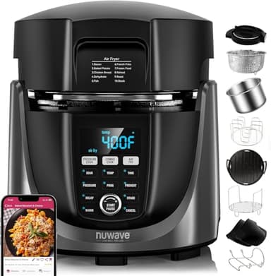 Nuwave Duet Air Fryer, Electric Pressure Cooker & Grill Combo, 540 IN 1 Multicooker with 3 Removable Lids, Slow Cook, Sautés, Dehydrator, 18/10 SS Pot, Sure-Lock Safety Tech & 13 Deluxe Accessories