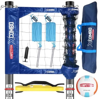 JOLORLY Professional Volleyball Net Set Heavy Duty for Outdoor Backyard Portable with Aluminum Adjustable Height Scoring Poles, Regulation Nets System for Tournament, Grass (Blue)