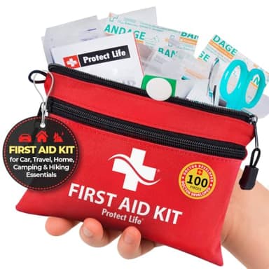 Protect Life Doctor Developed Mini First Aid Kit, 100 Piece Waterproof Emergency Kit for Car, Boat, Camping & Travel, Includes Emergency Blanket, Tourniquet & First Aid Guide