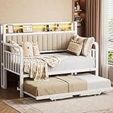 Daybed with Trundle and LED Light, Heavy Duty Metal Twin Bed Frame with Upholstered Storage Headboard & Charging Station, Day Bed Pop Up Trundle Bed Twin for Living Room,Bedroom and Guest Room (White)