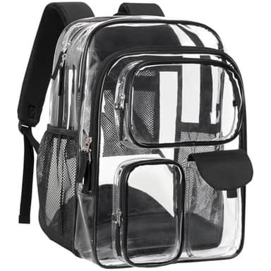 PACKISM Clear Backpack for School - 18 Inch Extra Large Heavy Duty Clear Bookbag for Boys, See Through PVC Transparent School Backpack with 3 Front Pockets, Black (Age 12+)