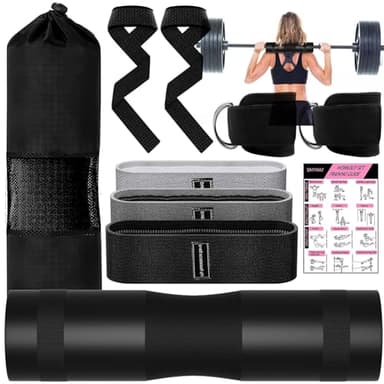 10 PCS Barbell Pad Set for Squat, Hip Thrusts Pad for Squats,Bench Press with Barbell Pad, 2 Gym Ankle Straps,3 Hip Resistance Bands,Lifting Strap,Workout Poster Gym Equipment Accessories（Black）