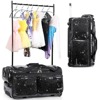 Fanwoli 23" Dance Bag with Garment Rack | Glittering Waterproof Fabric & Upgraded Stable System | Shine-Bright Collection | Ideal Competition Duffle Bag for Dancer Athlete Livestreamer | Sparkle Black
