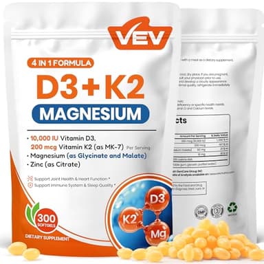 VEV Vitamin D3 K2 10,000 IU Magnesium Supplement – with Vitamin D and K (MK-7), Magnesium Glycinate & Malate, Zinc Citrate – 300 Softgels for Energy, Bone & Muscle Support