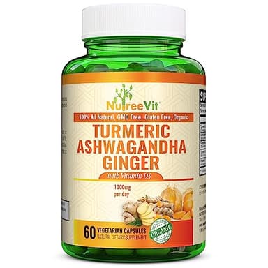 NutreeVit Organic Turmeric Ashwagandha Ginger Vitamin D3-60 Capsules - Extra Strength Ashwagandha Root Turmeric Supplement Immune Support - Ashwagandha Supplements with Natural Ginger and Turmeric