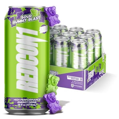 REDCON1 Energy High Performance Drink, Sour Gummy Blast - Zero Sugar Energy Drink with Alpha GPC Nootropic - 200mg Natural Caffeine from Green Coffee Beans - Vitamin B6, B12 & B5 to Boost Mood (12 ct)