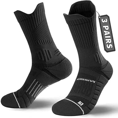 Rahhint Compression Running Socks 3 Pairs, Cushion Crew Socks, Anti-Blister Moisture Wicking Athletic Hiking Basketball Socks