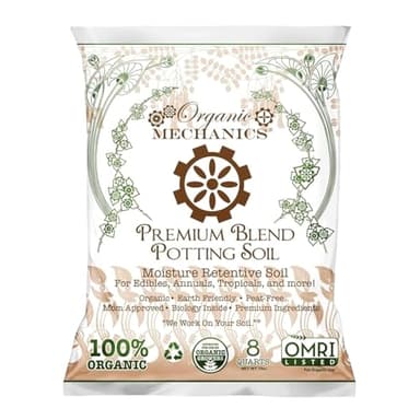 Organic Mechanics Premium Blend Potting Soil, 8 qt - Moisture-Retentive, Peat-Free, Compost - Enriched Mix with Worm Castings & Perlite for Houseplants, Annuals, Veggies & Tropical Plants