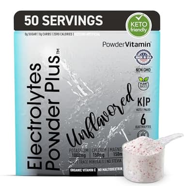 PowderVitamin Electrolytes Powder Plus (50 Servings) Unflavored Electrolyte Powder Keto, Sugar Free, Pink Himalayan Salt.,1000mg Potassium,150mg Calcium,150mg Magnesium, NO Stevia