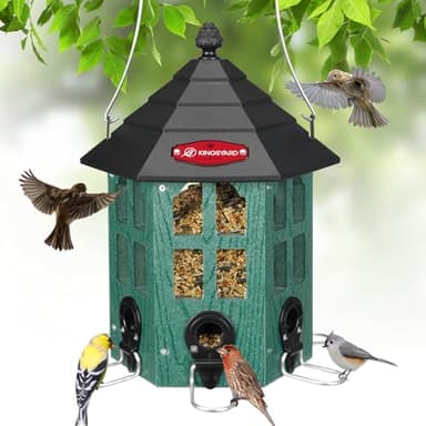 Kingsyard Large Bird Feeder Weatherproof, Squirrel-Resistant Outdoor Hanging Feeders, Recycled Plastic Hopper 3.5 lb Seed Capacity 6 Ports U-Shape Metal Perch Mesh Bottom, Green