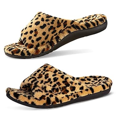 GRITHEIM Women's Orthotic Arch Support Slippers Fuzzy Adjustable Orthopedic Slippers for Plantar Fasciitis Furry Slide for Ladies leopard 9