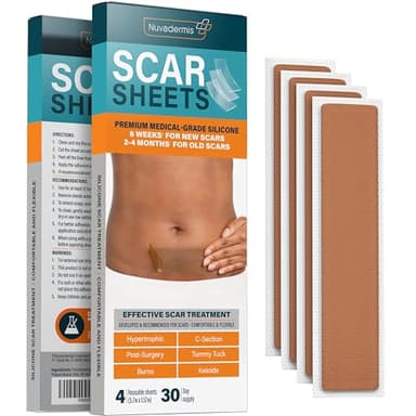 NUVADERMIS Silicone Scar Sheets – Extra Long Medical-Grade Scar Sheets for C-Section, Tummy Tuck, Keloid, and Surgical Scars – Reusable and Effective – Pack of 4 – Medium Tone