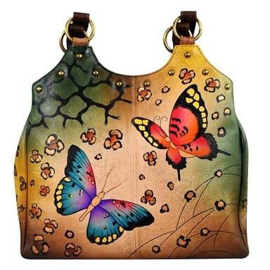 Anna by Anuschka Women's Hand Painted Genuine Leather Triple Compartment Medium Satchel - Animal Butterfly