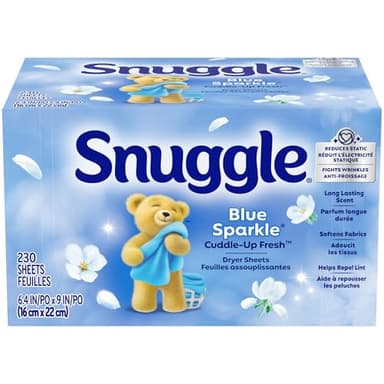 Snuggle Fabric Softener Dryer Sheets, Blue Sparkle Cuddle-Up Fresh, 230 Ct, Long-Lasting Fresh & Clean Scent, Softens Fabric, Reduces Static, Fights Wrinkles, Helps Repel Lint & Pet Hair, HE Safe