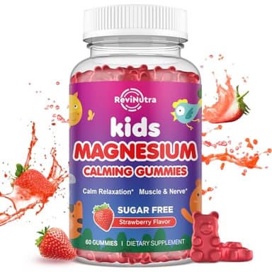 ReviNutra Magnesium Gummies for Kids - Magnesium Glycinate Gummies with L-Theanine, Chamomile, Vitamin B6, D for Kids & Adults Sleep, Stress, Muscle Relief & Nerve Bone - Sugar Free Strawberry 60ct