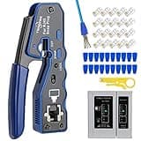 RJ45 Crimp Tool Kit Pass Thru Ethernet Crimper for Cat5e Cat6 Cat6a 8P8C Modular Connectors, All-in-One Cat6 Crimping Tool and Tester(9V Battery Not Included)