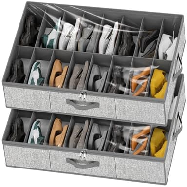 homyfort 32 Pairs Shoe Organizer Under Bed, Underbed Shoe Storage Boxes Bins, Organizador De Zapatos, Extra Large Zapateras Organizer, Grey, Set of 2