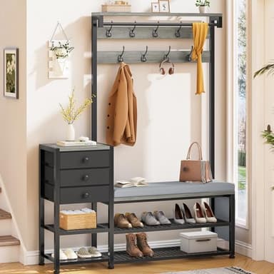 Itaar Coat Rack, Hall Tree with Bench and Shoe Storage, 7-in-1 Entryway Bench with Soft Cushion, Storage Bag, 3 Fabric Drawers(Grey)