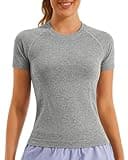 Stelle Women Workout Tops Short Sleeve Seamless Athletic Shirts Yoga Gym Sports Breathable Tees(Grey,M)