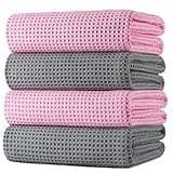 POLYTE Microfiber Oversize Quick Dry Lint Free Bath Towel, 60 x 30 in, 4 Pack (Gray,Pink, Waffle Weave)