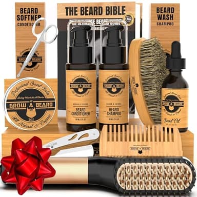 Beard Straightener Grooming Kit for Men, Beard Growth Kit, Wash, Brush & Comb, Unscented Growth Oil, All Natural Sandalwood Balm, Conditioner, Razor & Scissors, Great Gift Idea for Men's (Bamboo)