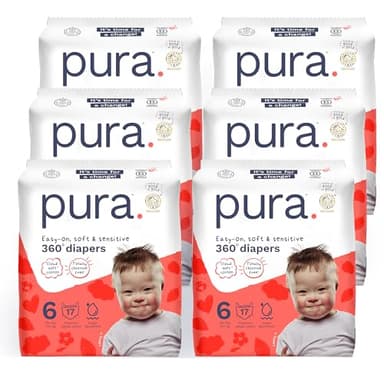 Pura 360° Diaper Pants Size 6 (33+lbs) 102x Stretchy Night Time Pull Ups, 12 Hour Overnight Leak Protection, Soft Cotton, Organic Baby & Toddler Disposable Diapers, Hypoallergenic for Sensitive Skin
