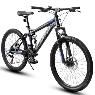 Ecarpat 26 inch Full Suspension Mountain Bike, 21-Speed Mountain Bicycle with Dual Disc Brakes, Steel Frame MTB Bike for Adult Mens Outdoor, Black