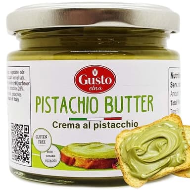 GUSTO ETNA Sicilian Pistachio Cream – 35% Pistachios, Sweet Spreadable Butter, 6.7 oz (190g) Rich & Nutty Pistachios Cream for Knafeh Dubai Pistachio Chocolate Bars, Product of Sicily, Italy