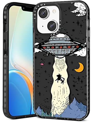 Toycamp for iPhone 14 Case with Ring Holder, Black UFO Alien Designed Cool Fun Shockproof Protective Designer Phone Cases for iPhone 14 for Women Girls Boys Teens