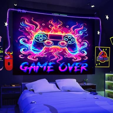 Manicer Blacklight Gaming Tapestry, Cool Neon Game Controller Wall Hanging for Boys Teens, UV Reactive GAME OVER Abstract Art 3D Gaming Poster Tapestries for Bedroom, Play Room - 29.5" x 39.4"