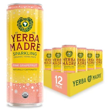 Yerba Madre Organic Sparkling Yerba Mate, Pink Grapefruit, 115mg Natural Plant Based Caffeine, Smooth Energy & Focus, Carbonated, 12oz Cans (Pack of 12) (Packaging May Vary)