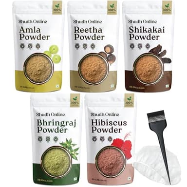 Shudh Online Herbal Hair Mask Powder Combo, Indian Ayurvedic Herbal Powder for Hair Growth (8.8oz, 250g), Bhringraj, Hibiscus, Shikakai, Reetha, Amla Shampoo (1.76oz each)