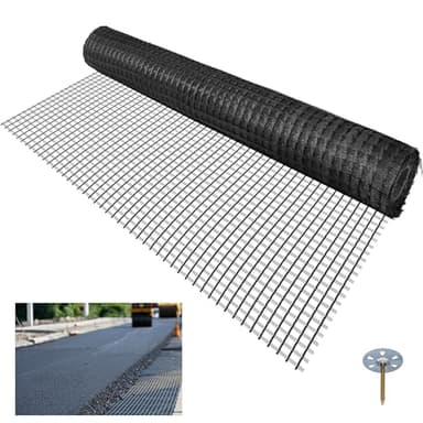 Universal Geogrid Roll 3.84ft x 164ft Retaining Wall Fiberglass Geogrid, 50KN Tensile Strength Driveway Ground Gravel Grid with Mounting Screws for Asphalt Pavement and Soil Road Slope Reinforcement