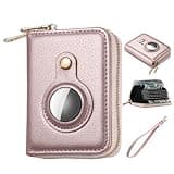 Bingcok AirTag Wallet for Women, Minimalist PU Leathter Wallet, RFID Blocking Small Cash Credit Card Holder Organizer Wallet with Airtag Holder and hand strap, Slim Wallet Women. (1-Rose Gold)