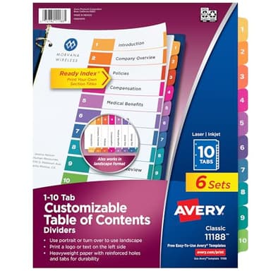 Avery 10 Tab Dividers for 3 Ring Binders, Customizable Table of Contents, Multicolor Tabs, 6 Sets (11188)