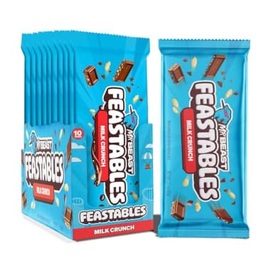 MrBeast Feastables Milk Chocolate Crunch Bar, King Size, 10 Count, Crispy Rice Chocolate Candy, Fairtrade Cocoa, 2.1oz Each